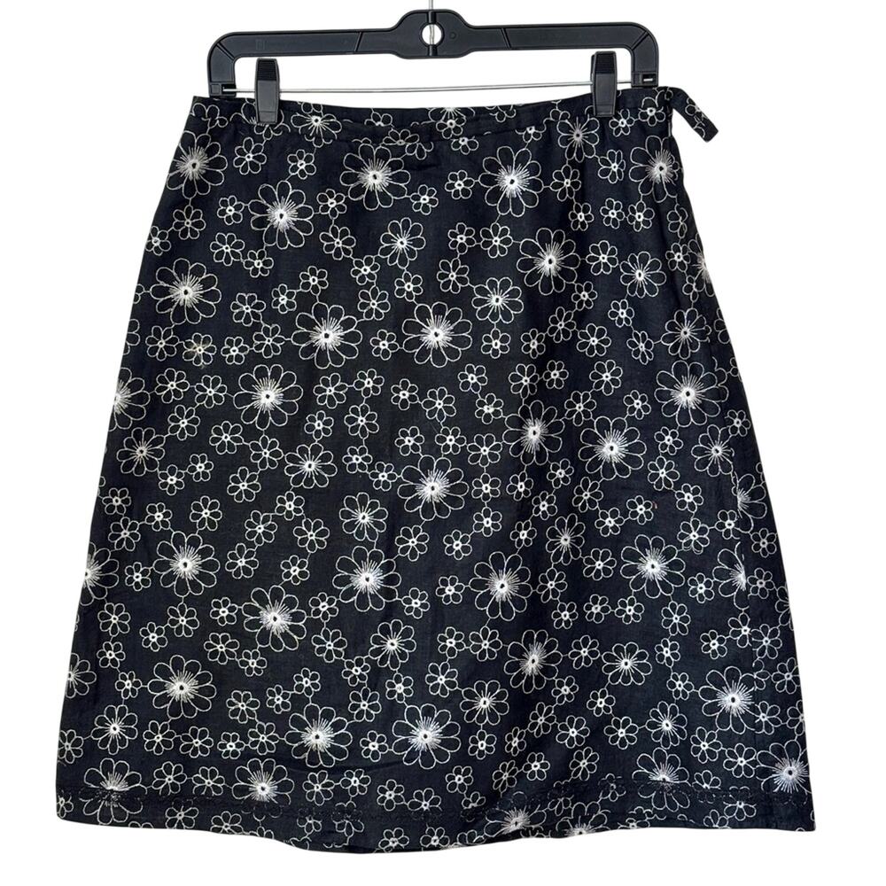 Grace Elements Black White Floral Embroidered Linen Knee Length Straight Skirt 8